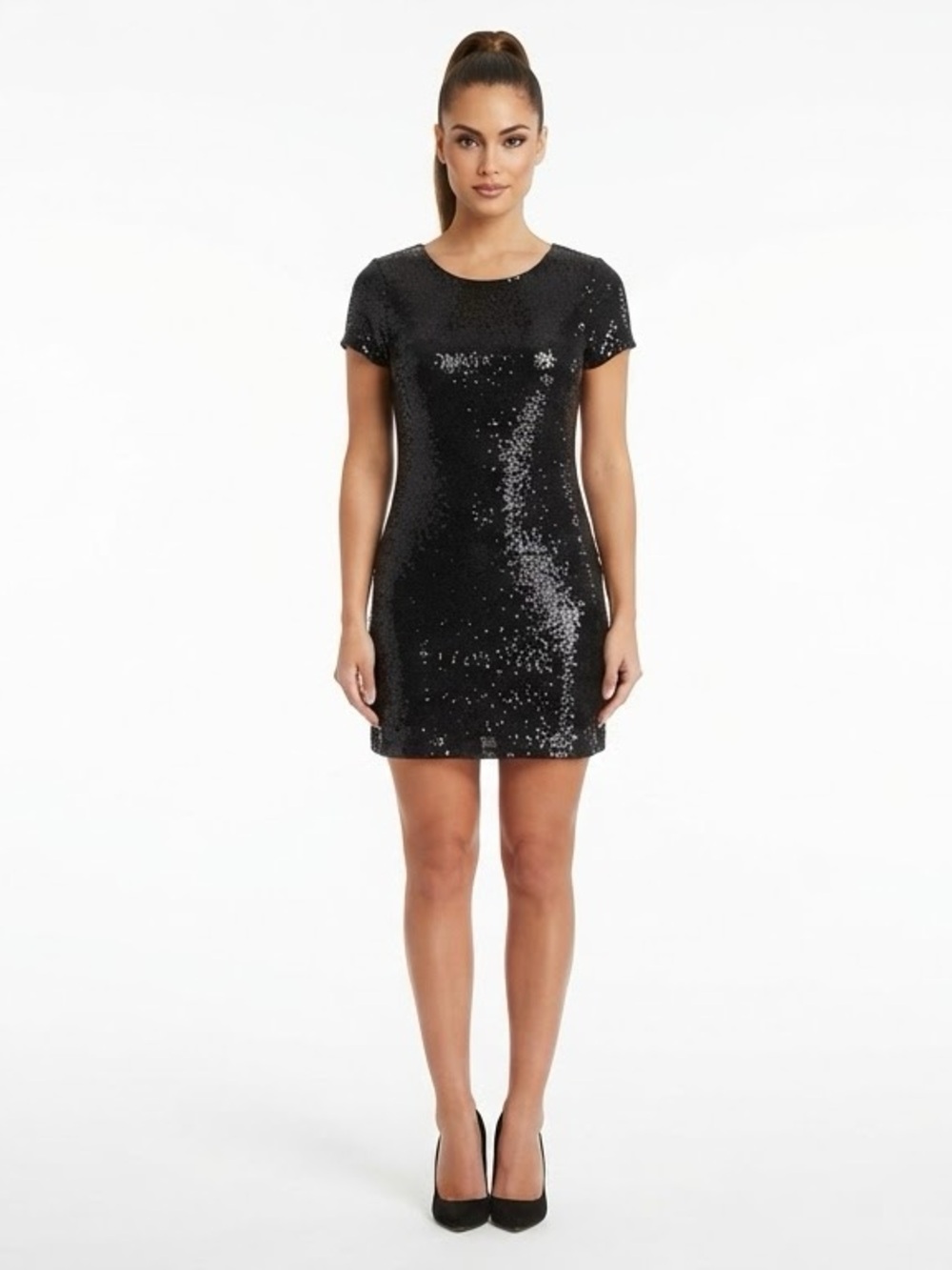 bebe Black Sequin Short Sleeve Mini Dress Bodycon Sparkle Party Size L